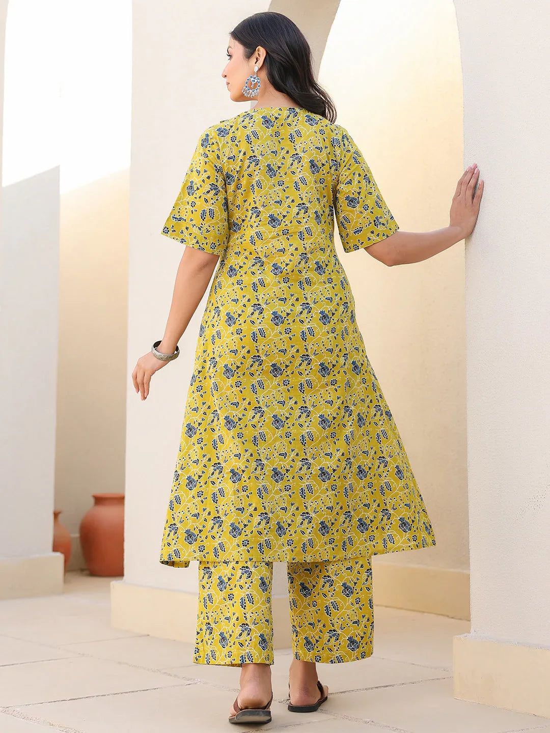 Lime Yellow Pure Cotton Floral Printed A-line Maternity Kurta Pant Set