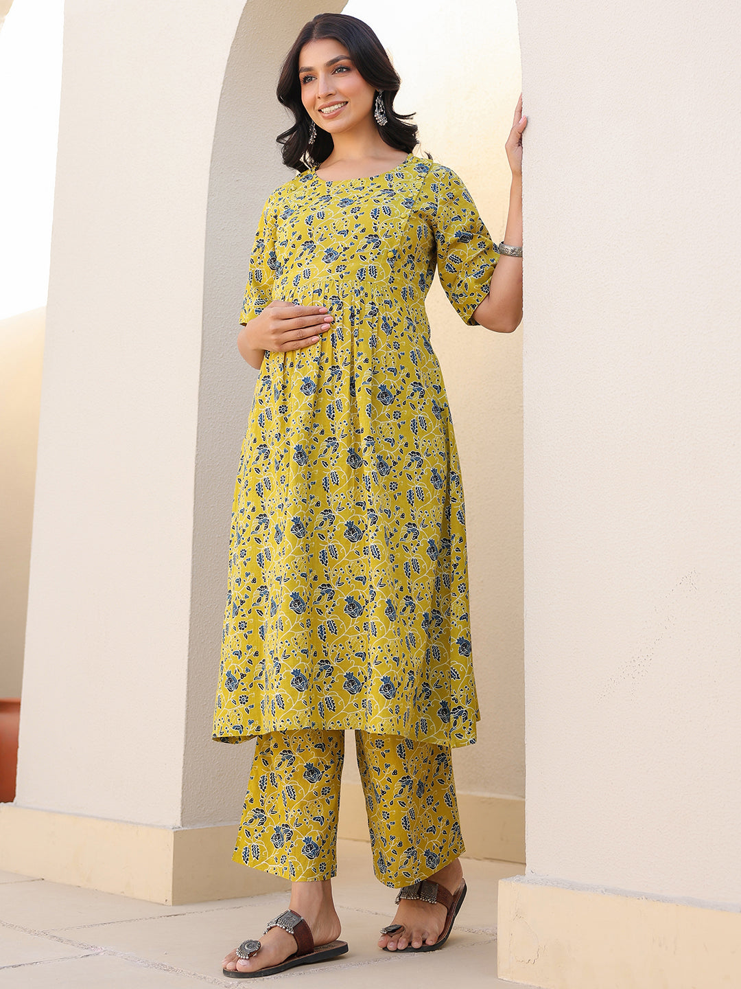 Lime Yellow Pure Cotton Floral Printed A-line Maternity Kurta Pant Set - qivii