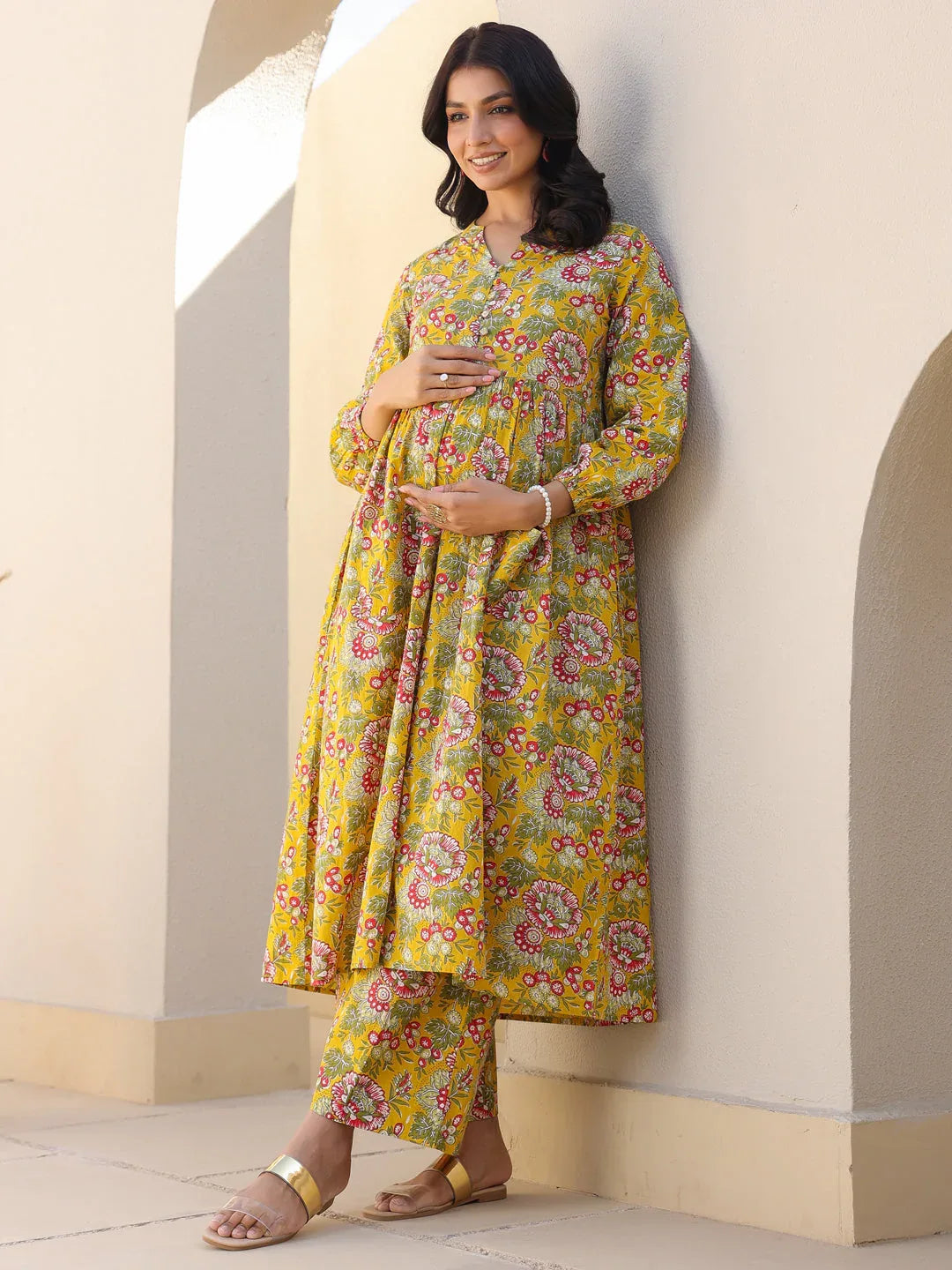 Mustard Pure Cotton Floral Printed A-line Maternity Kurta Pant Set
