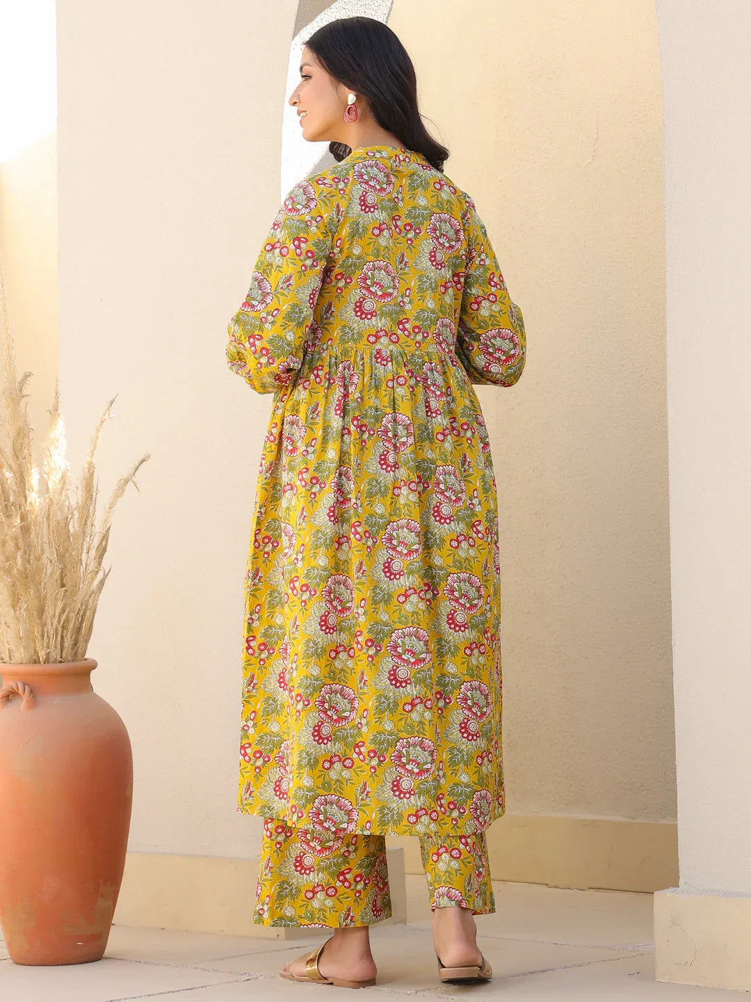 Mustard Pure Cotton Floral Printed A-line Maternity Kurta Pant Set