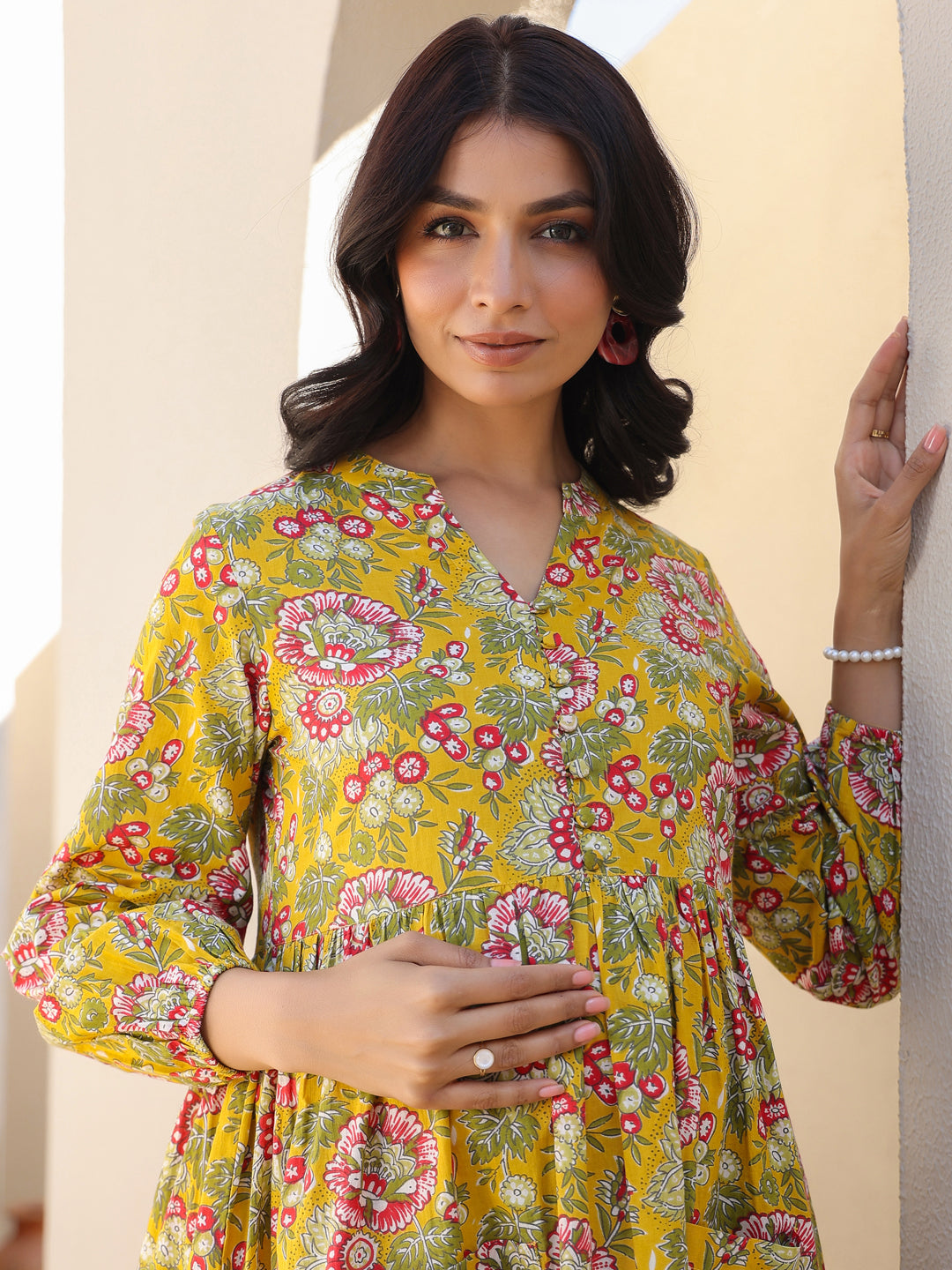 Mustard Pure Cotton Floral Printed A-line Maternity Kurta Pant Set - qivii
