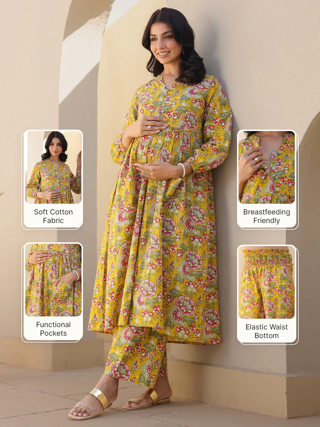 Mustard Pure Cotton Floral Printed A-line Maternity Kurta Pant Set