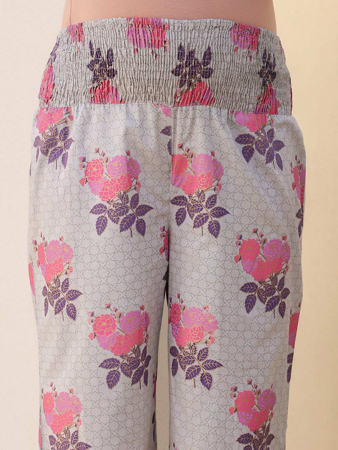 Grey Pure Cotton Foil Printed Flared Maternity Kurta Set - qivii