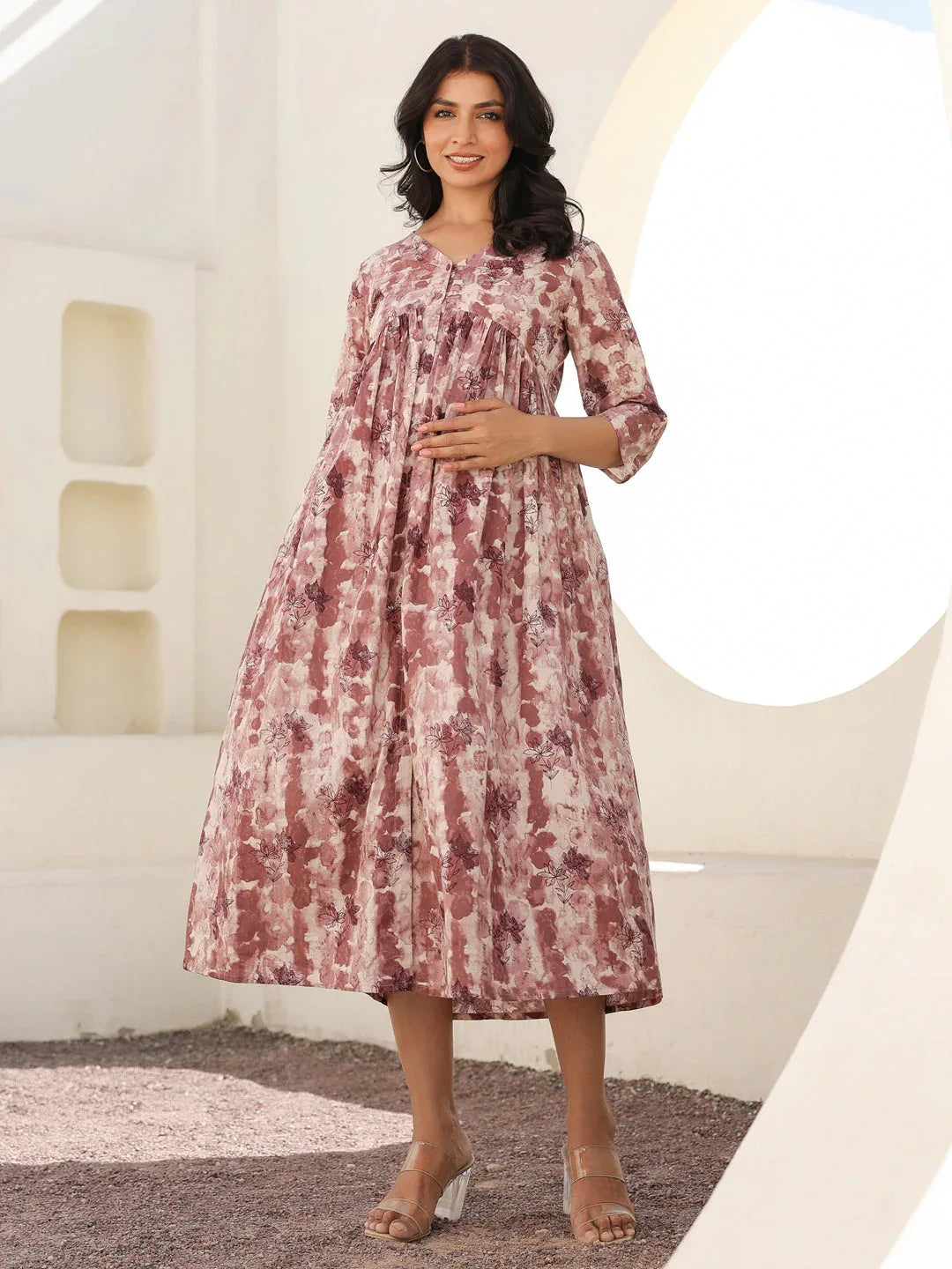 Mauve Pure Cotton Tie-dye A-line Maternity Dress