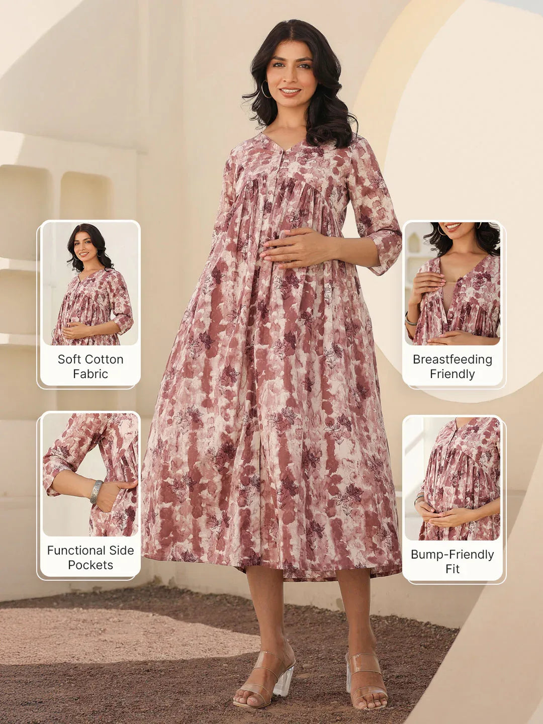 Mauve Pure Cotton Tie-dye A-line Maternity Dress