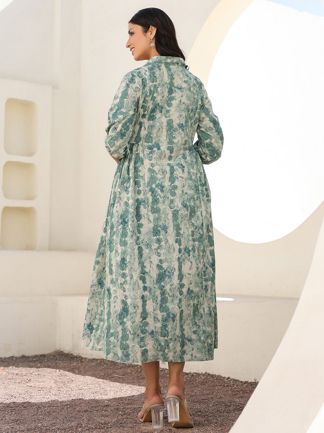 Sage Green Pure Cotton Tie-dye A-line Maternity Dress - qivii