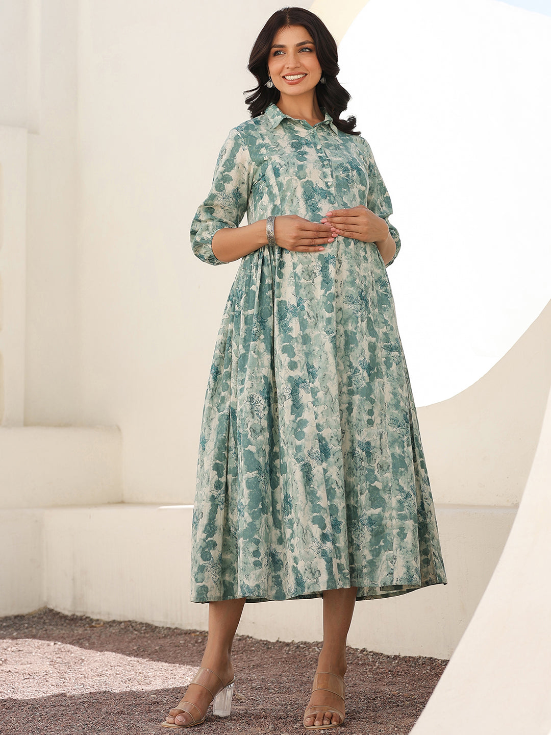 Sage Green Pure Cotton Tie-dye A-line Maternity Dress - qivii