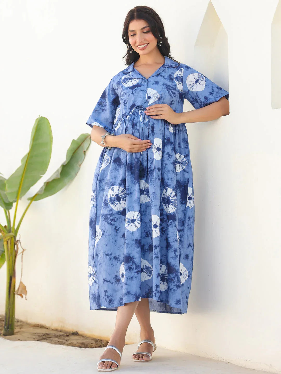 Blue Pure Cotton Tie & Dye Gathered Maternity Dress