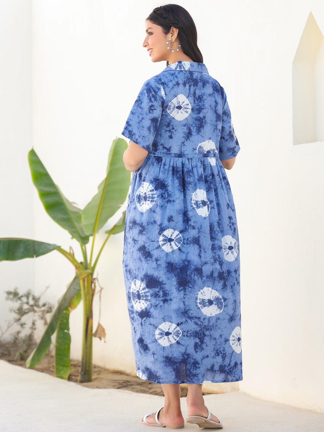 Blue Pure Cotton Tie & Dye Gathered Maternity Dress - qivii