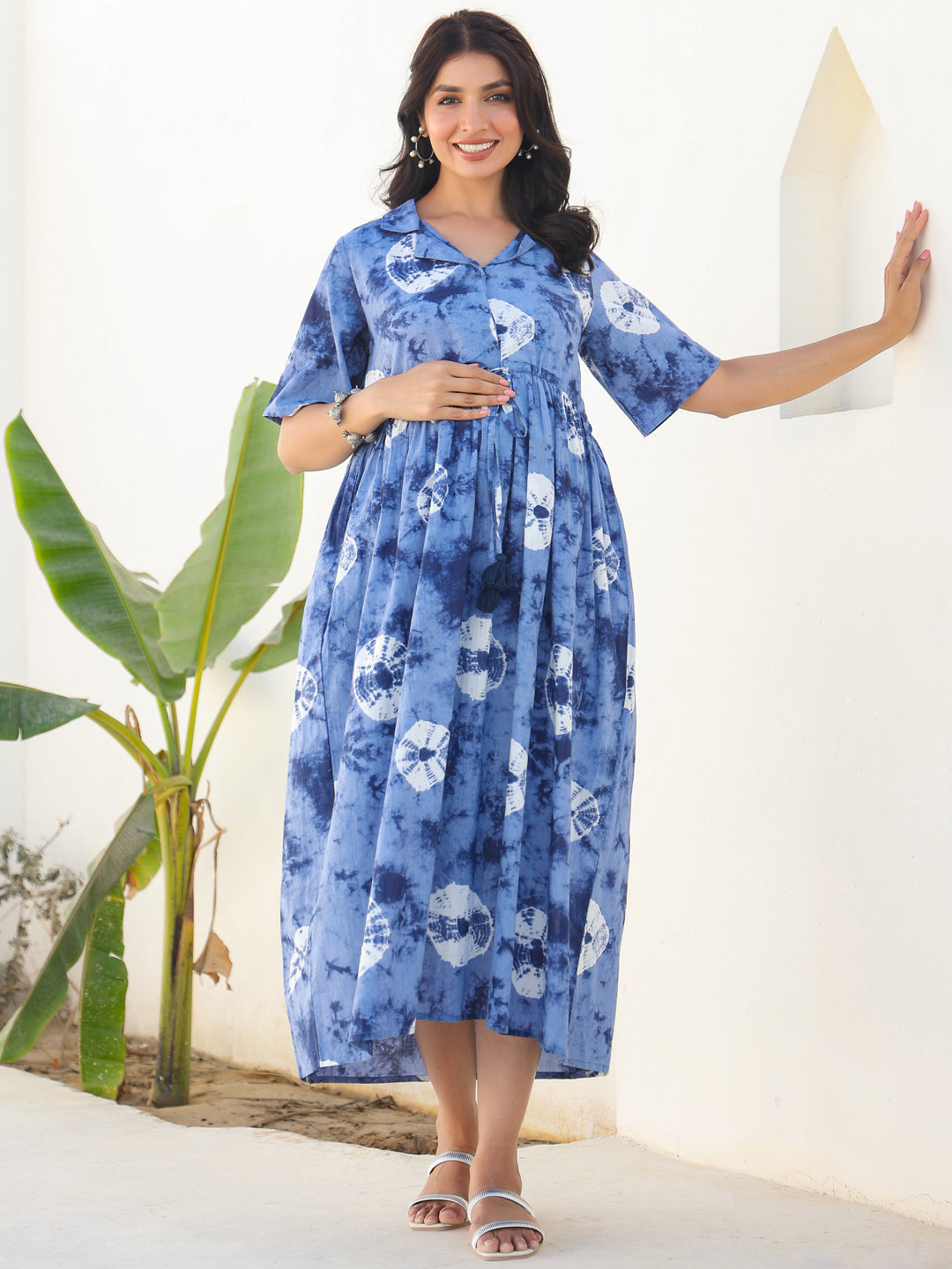 Blue Pure Cotton Tie & Dye Gathered Maternity Dress - qivii