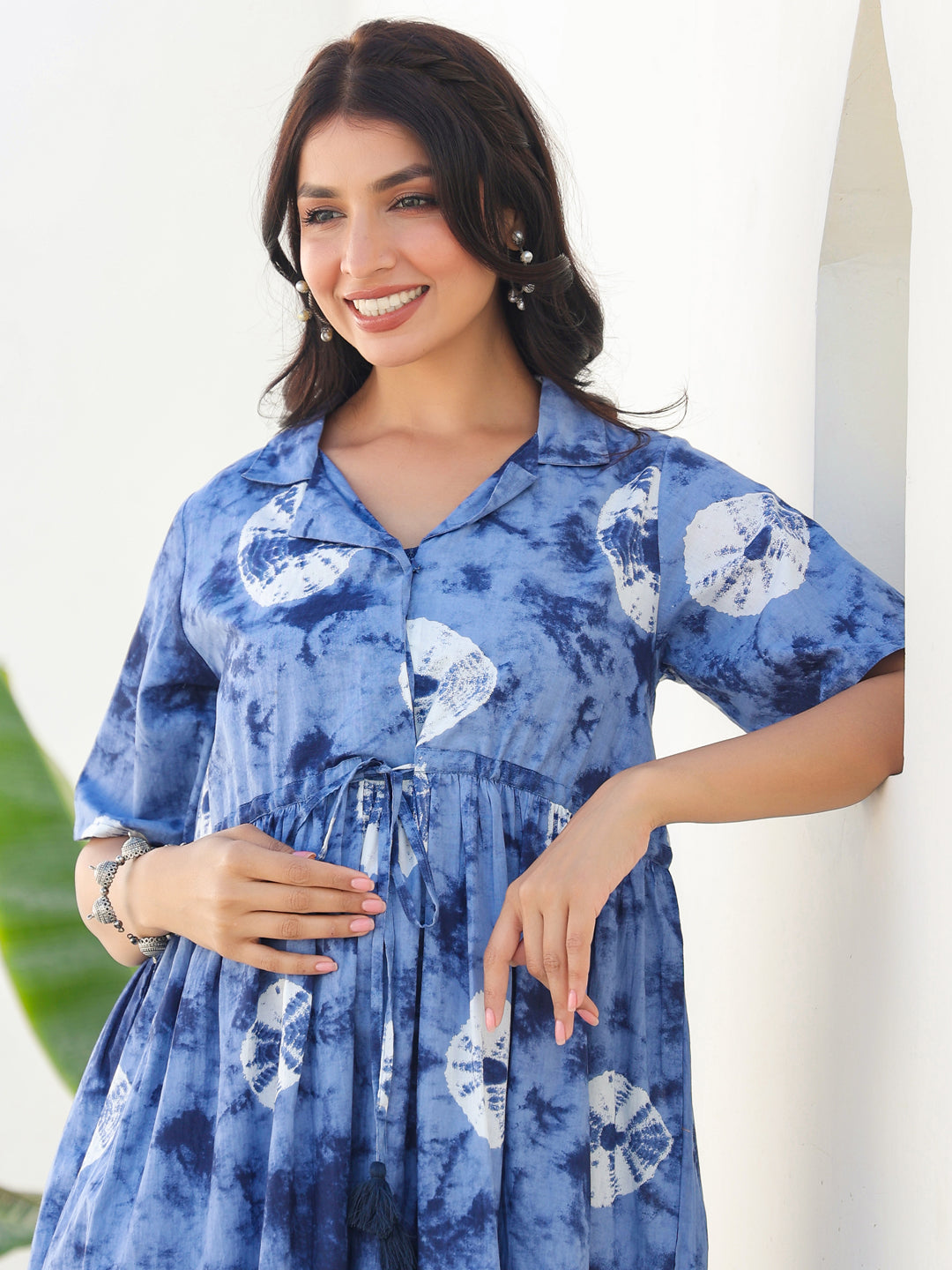 Blue Pure Cotton Tie & Dye Gathered Maternity Dress - qivii