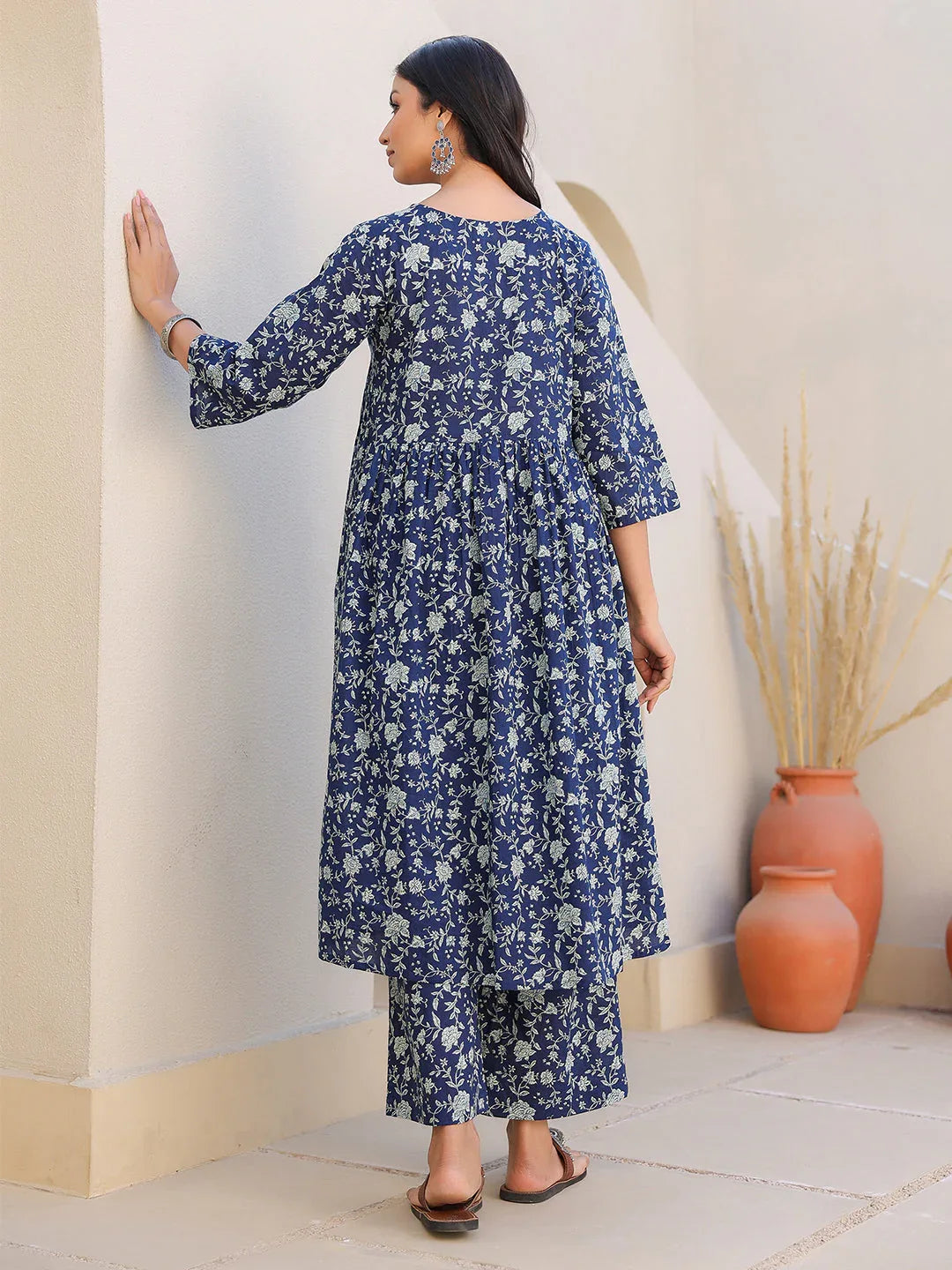 Indigo Pure Cotton Floral Printed Gathered Maternity Kurta Set