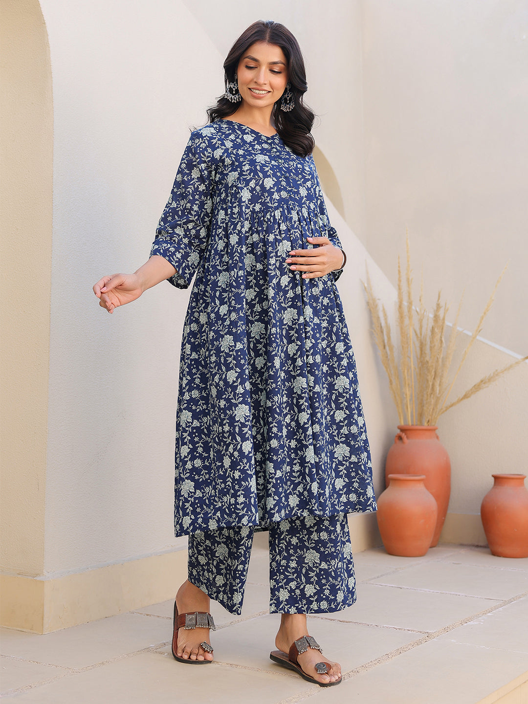Indigo Pure Cotton Floral Printed Gathered Maternity Kurta Set - qivii