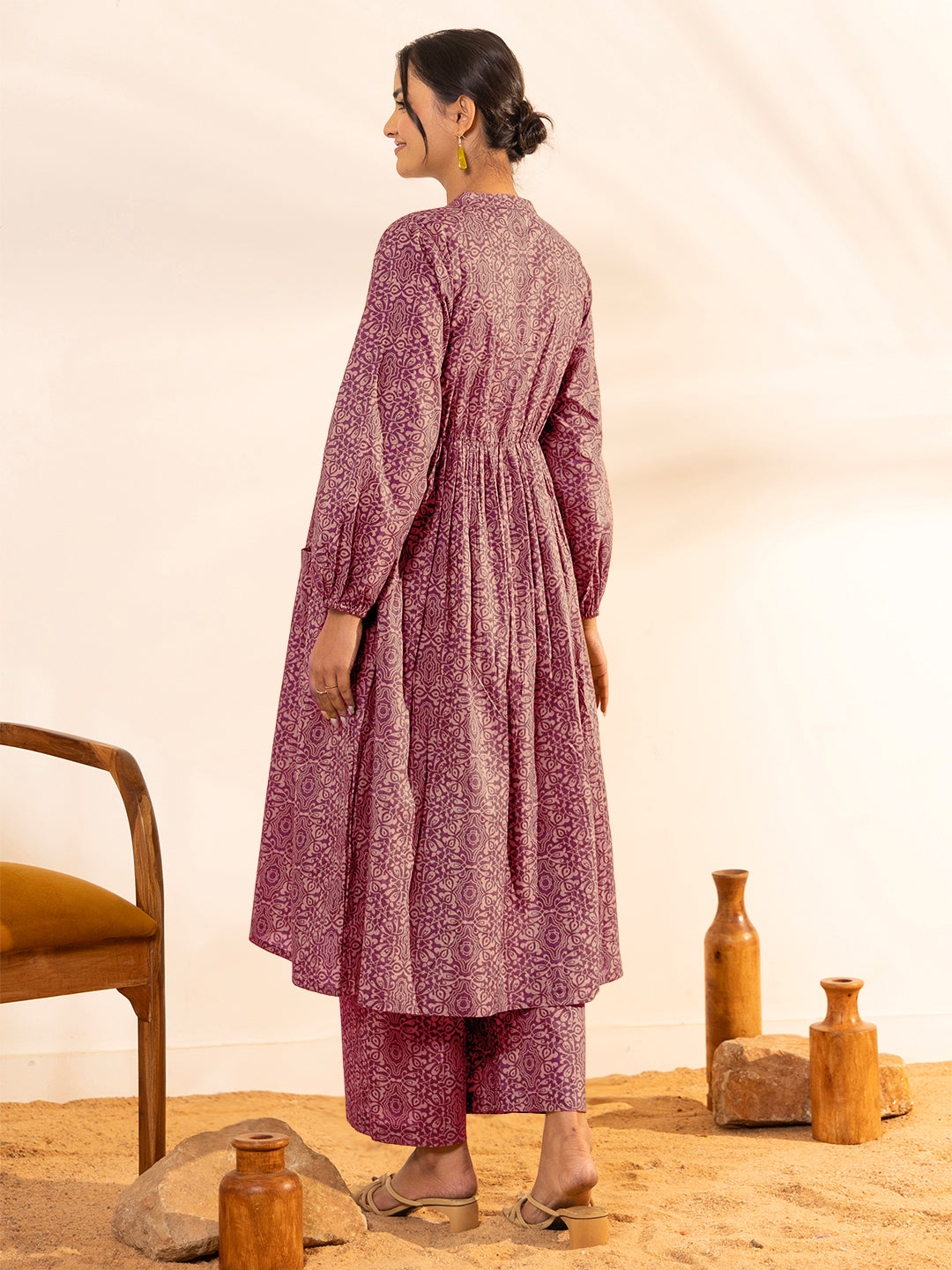 Magenta Pure Cotton Ethnic Motifs A-line Maternity Kurta Set - qivii