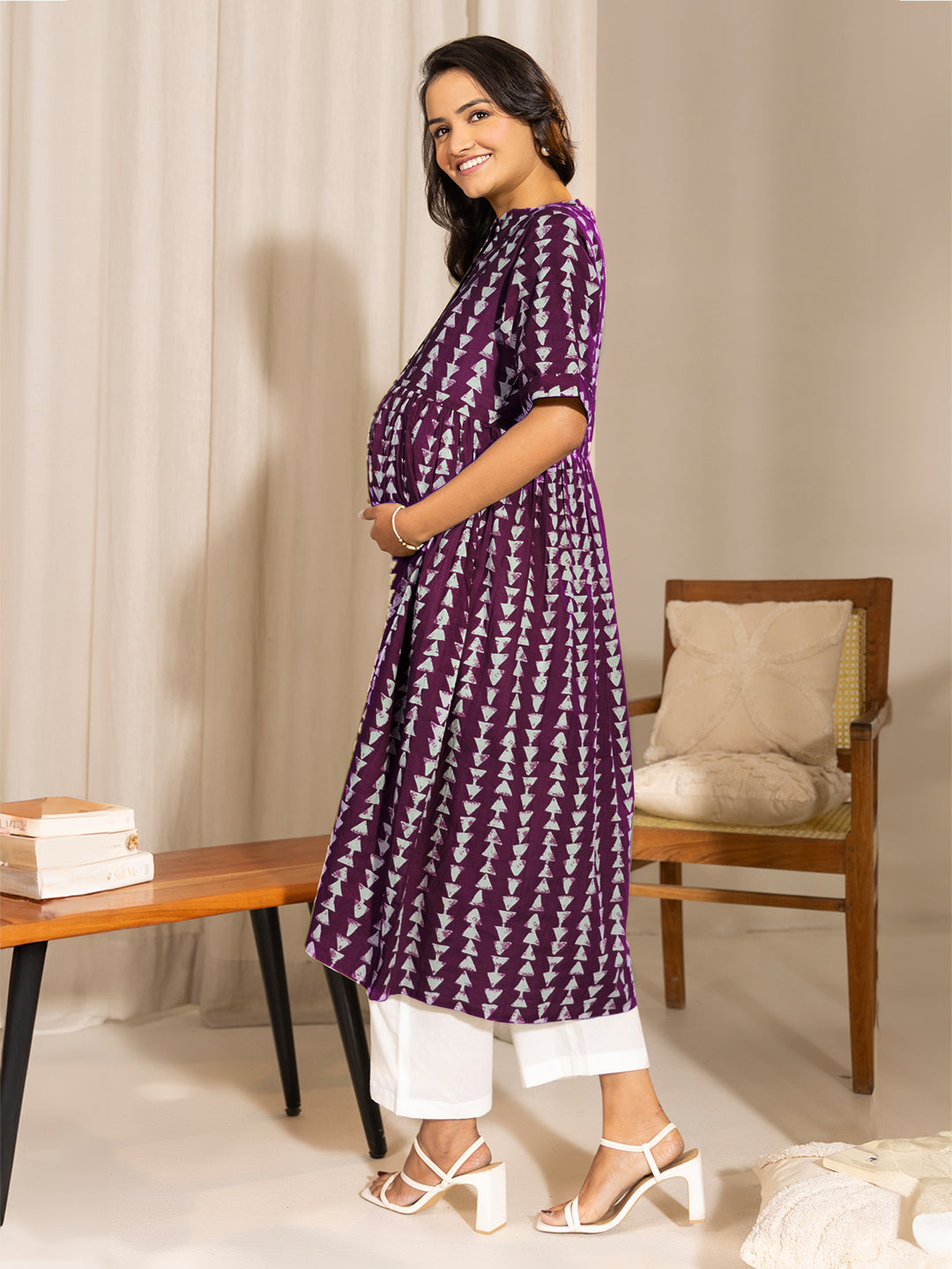 Wine Pure Cotton Geometric Printed A-Line Kurta - qivii