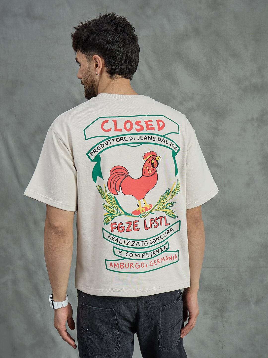 Ecru Rooster Graphic Oversized Tshirt