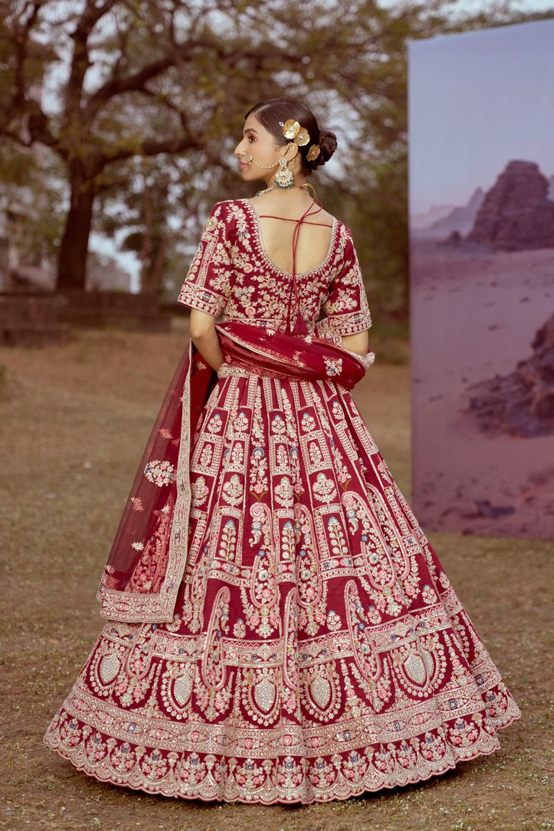 Maroon Pure silk Moti, Sequins embroidery Semi-Stitched Bridel Lehenga choli & Dupatta