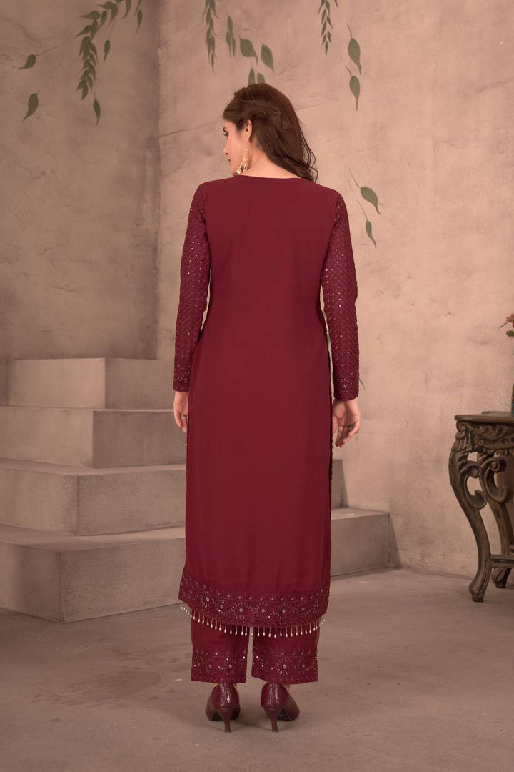 MAROON FAUX GEORGEET WITH EMBROIDERY SEQUENCE DESIGN WORK GOWN