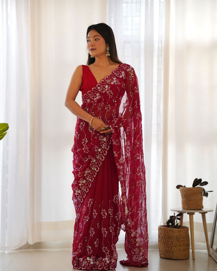 Simmar Bluming Simmer Jari with Designr Sequence Embroidery Work Saree In Maroon Color