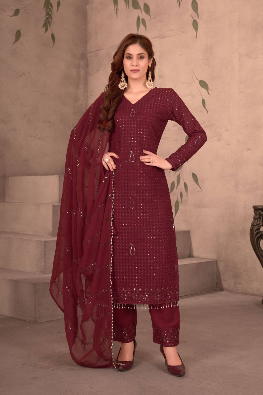 MAROON FAUX GEORGEET WITH EMBROIDERY SEQUENCE DESIGN WORK GOWN