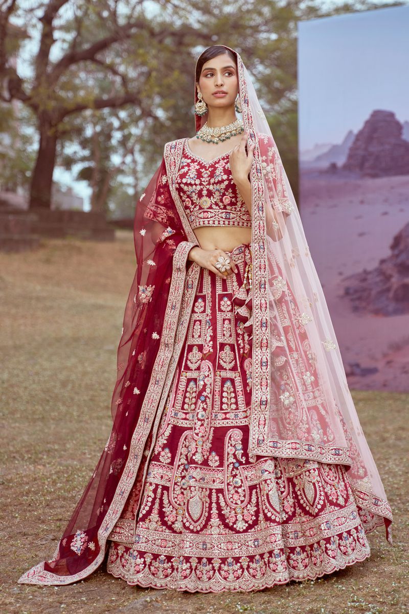 Maroon Pure silk Moti, Sequins embroidery Semi-Stitched Bridel Lehenga choli & Dupatta