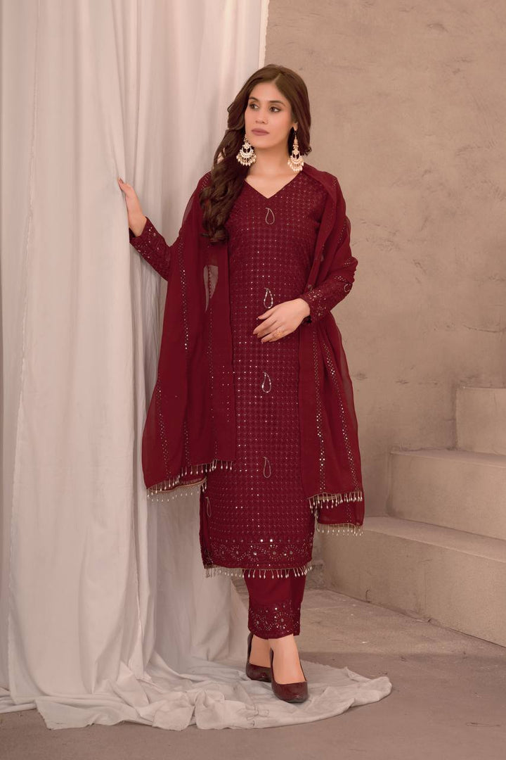 MAROON FAUX GEORGEET WITH EMBROIDERY SEQUENCE DESIGN WORK GOWN