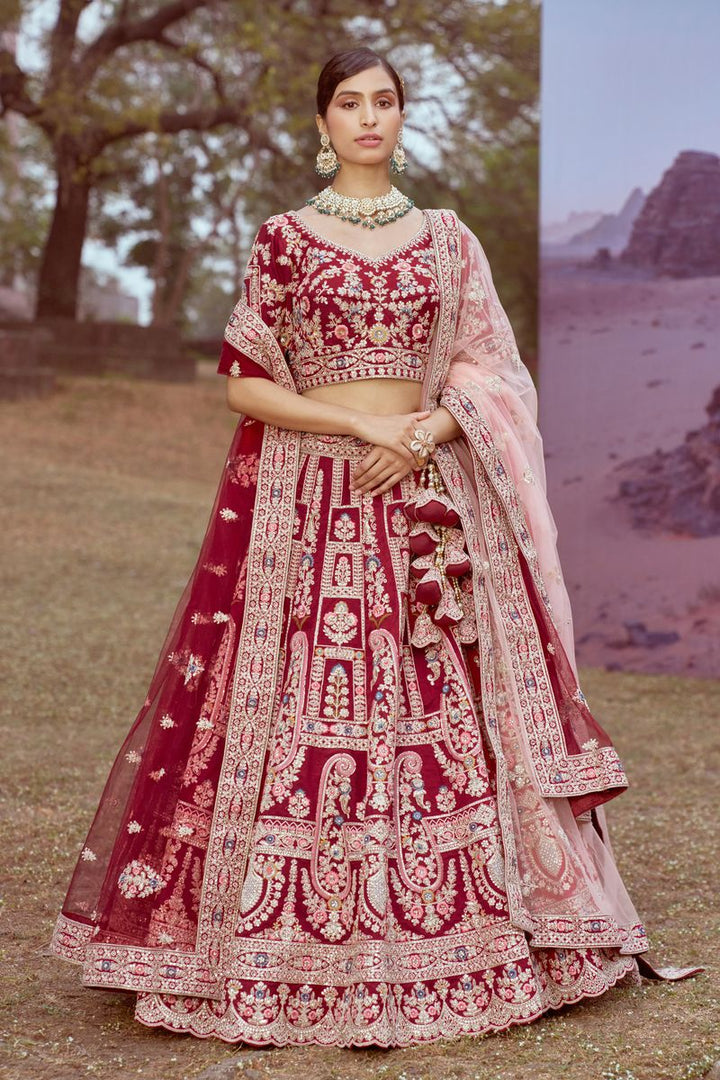 Maroon Pure silk Moti, Sequins embroidery Semi-Stitched Bridel Lehenga choli & Dupatta