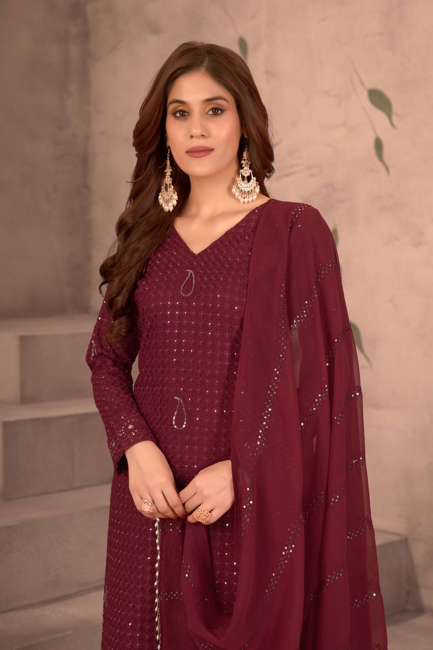 MAROON FAUX GEORGEET WITH EMBROIDERY SEQUENCE DESIGN WORK GOWN