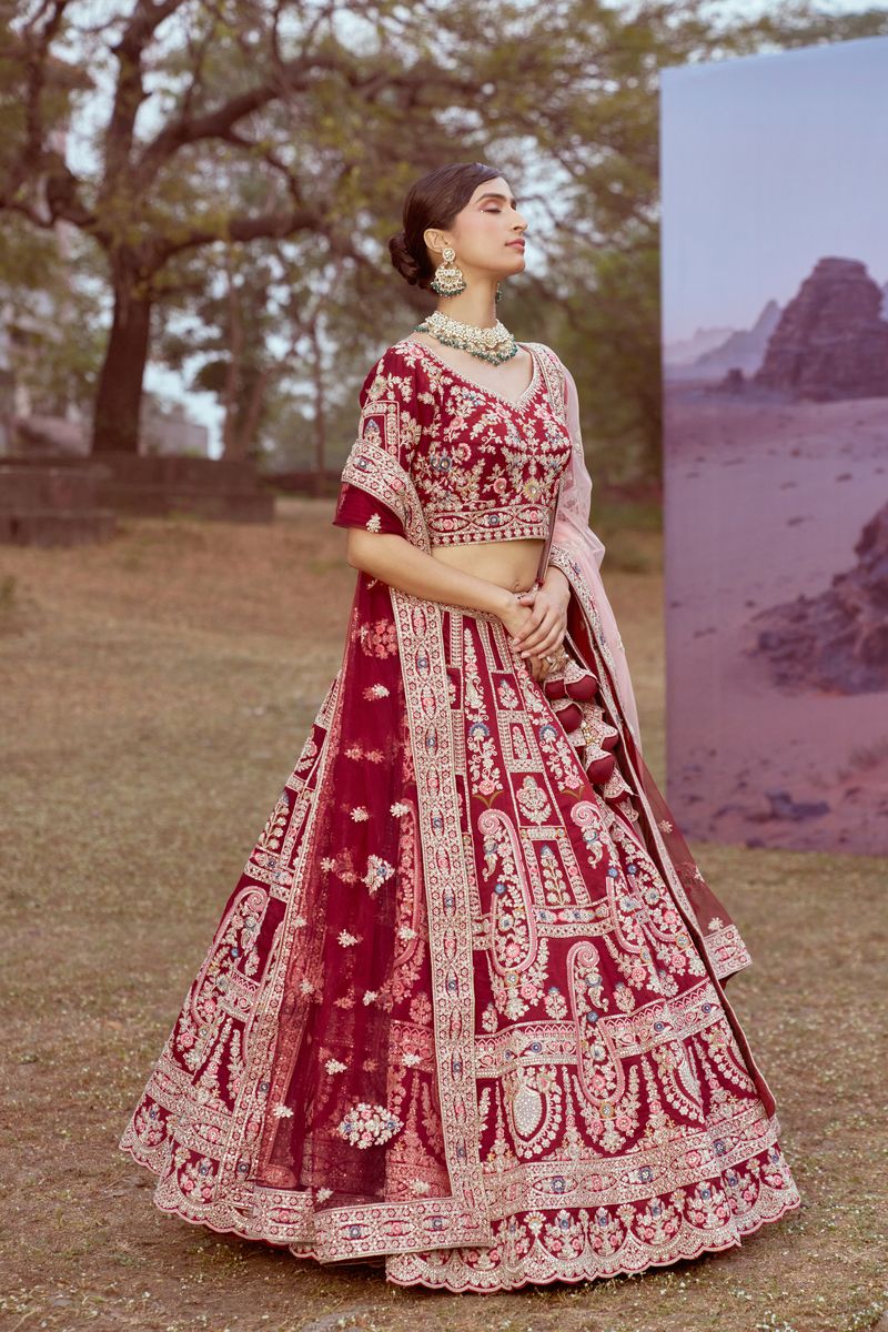 Maroon Pure silk Moti, Sequins embroidery Semi-Stitched Bridel Lehenga choli & Dupatta