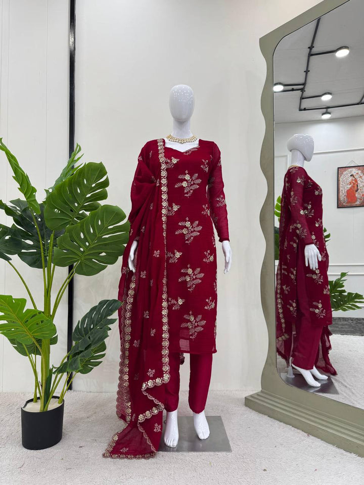 Maroon Crunchy Silk  Micro Thread with Sequnce Salwar Suit