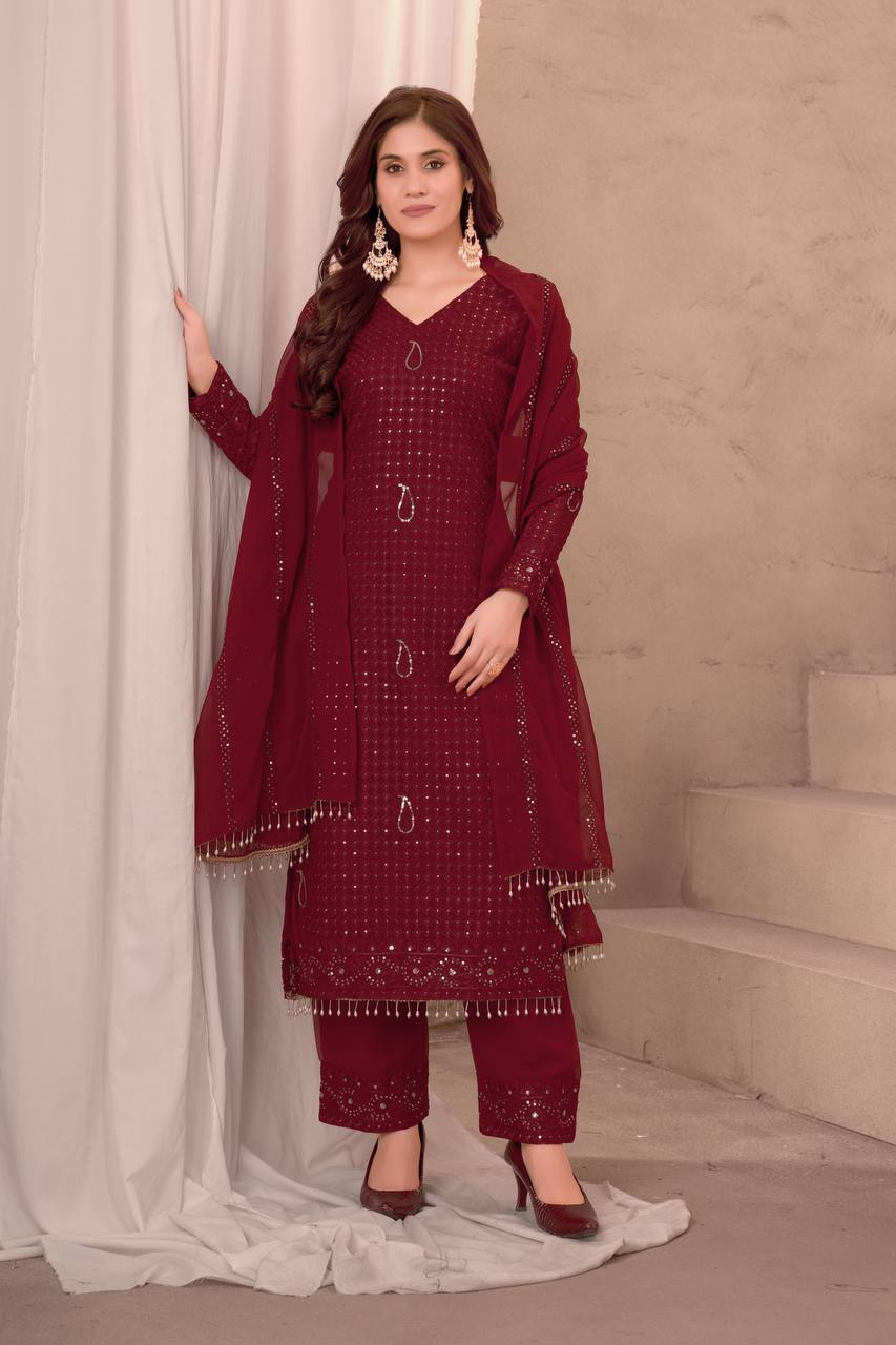 MAROON FAUX GEORGEET WITH EMBROIDERY SEQUENCE DESIGN WORK GOWN