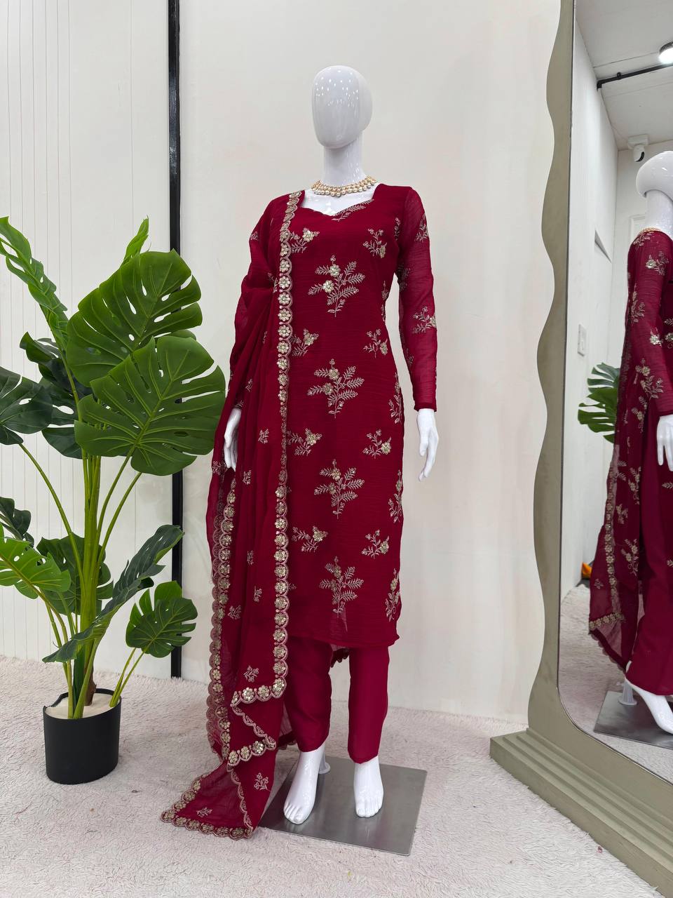 Maroon Crunchy Silk  Micro Thread with Sequnce Salwar Suit