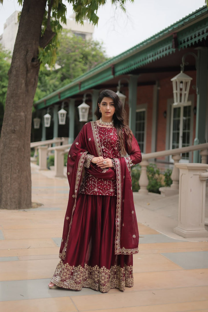 Maroon Silk Embroidered Kurti Set