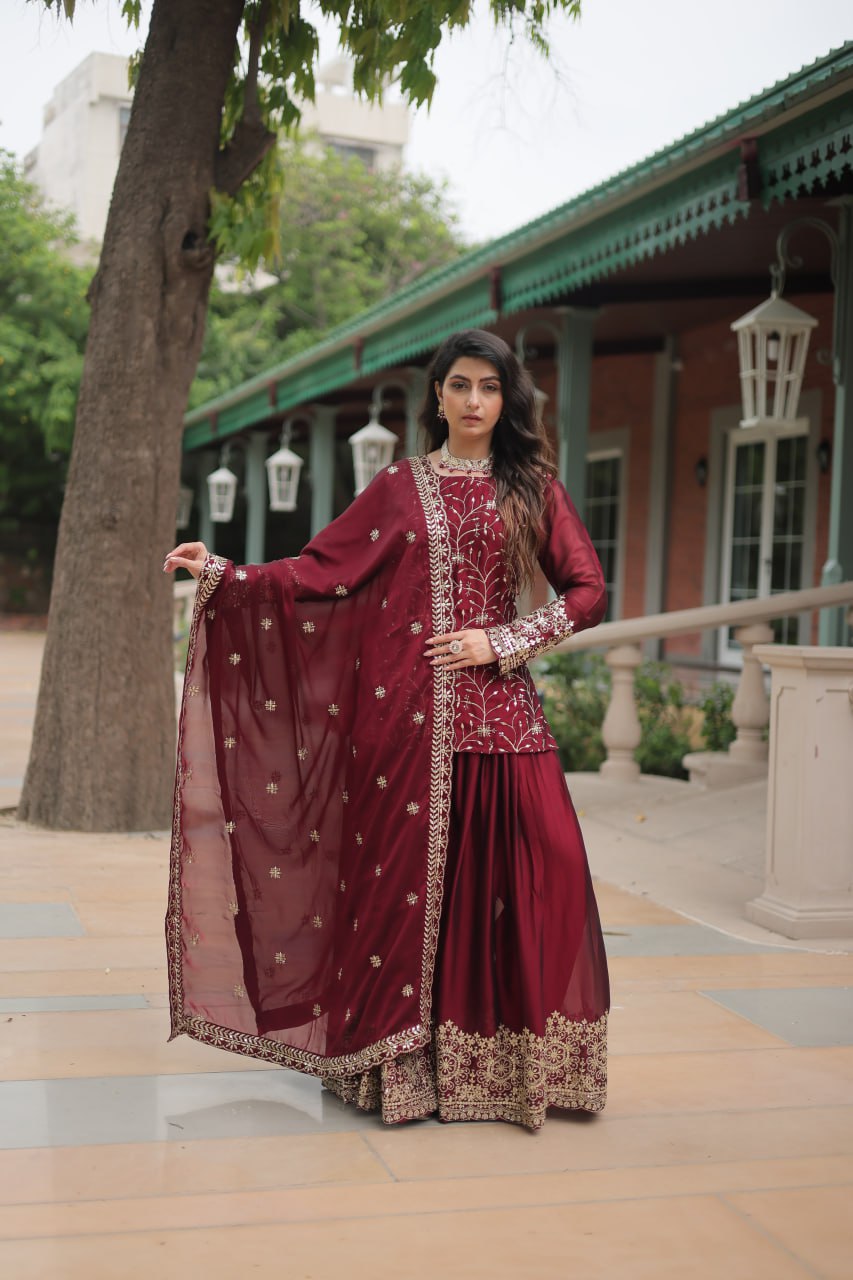 Maroon Silk Embroidered Kurti Set