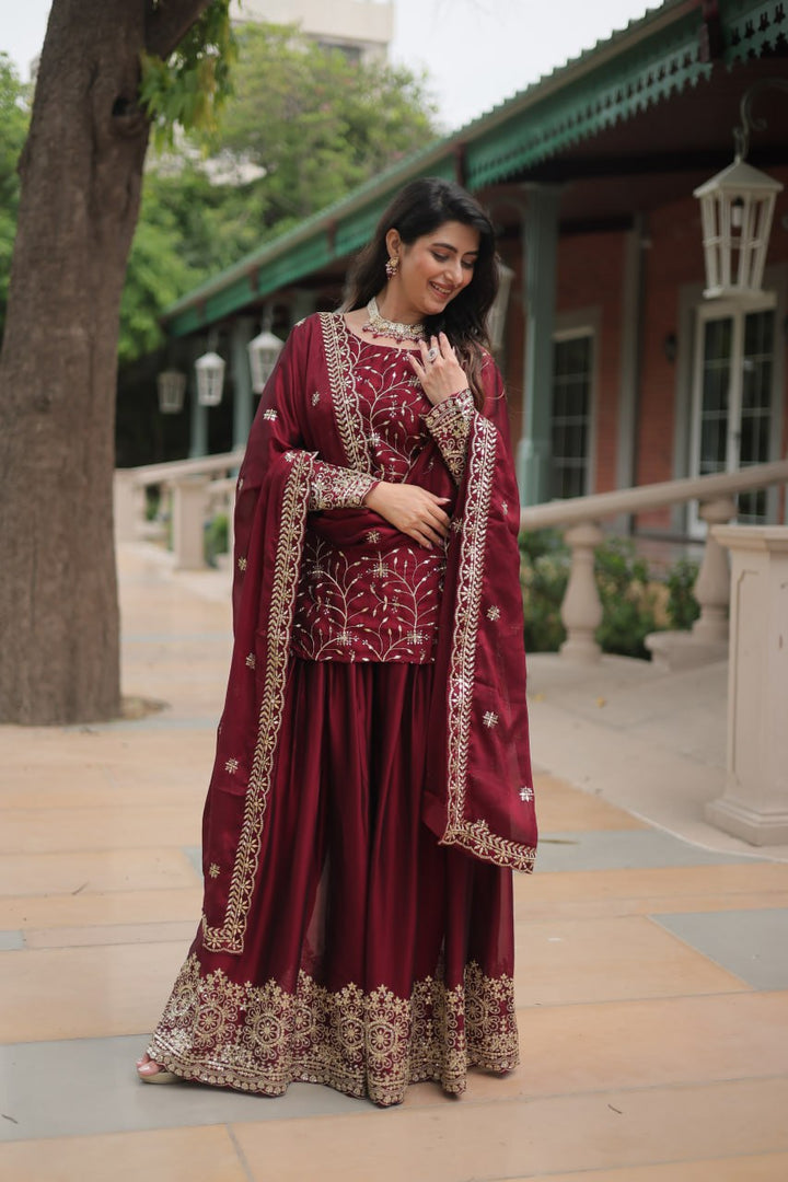 Maroon Silk Embroidered Kurti Set