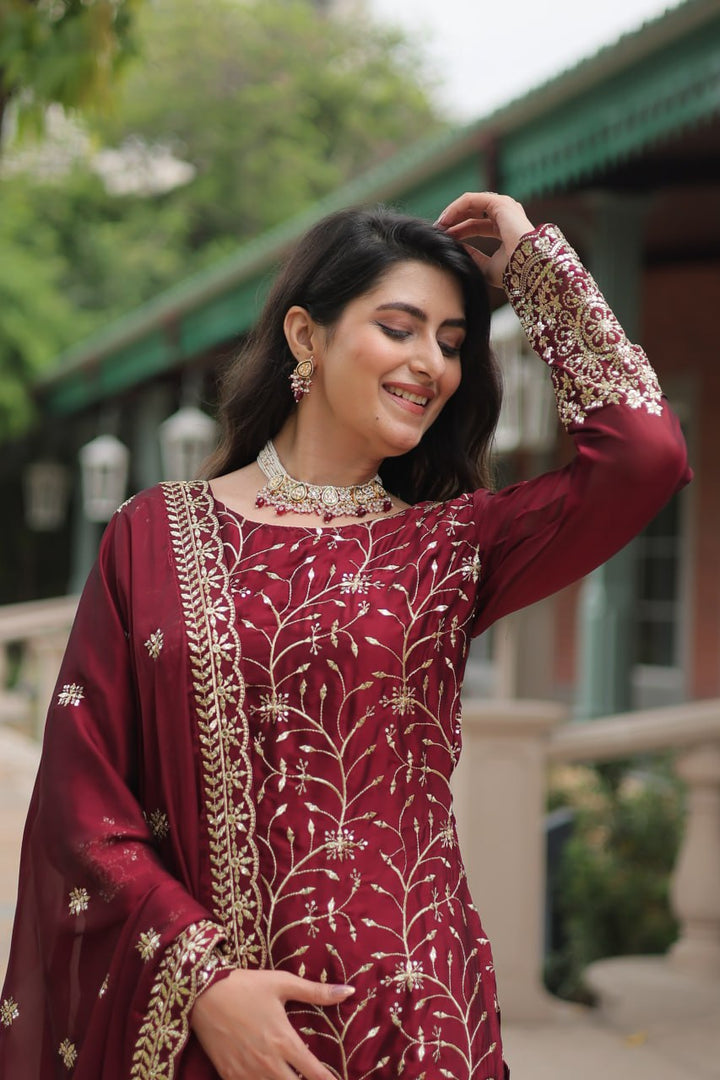 Maroon Silk Embroidered Kurti Set