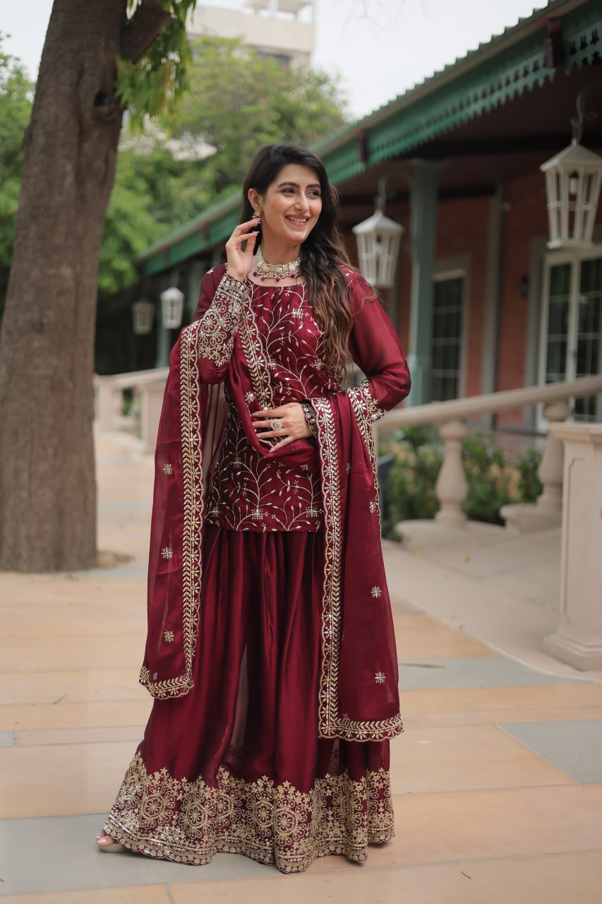 Maroon Silk Embroidered Kurti Set