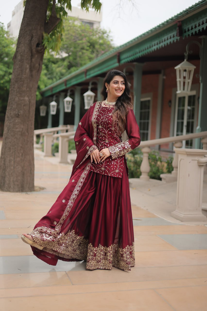 Maroon Silk Embroidered Kurti Set