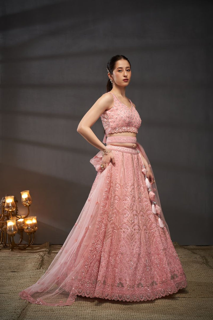 Pink Net Cutdana, Sequins and Zarkan embroidery Semi-Stitched Lehenga choli & Dupatta