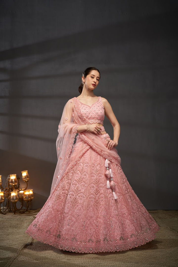 Pink Net Cutdana, Sequins and Zarkan embroidery Semi-Stitched Lehenga choli & Dupatta