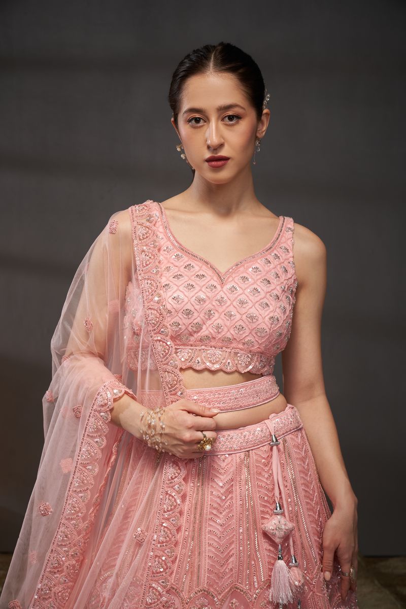 Pink Net Cutdana, Sequins and Zarkan embroidery Semi-Stitched Lehenga choli & Dupatta