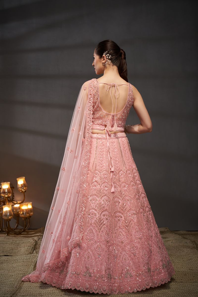 Pink Net Cutdana, Sequins and Zarkan embroidery Semi-Stitched Lehenga choli & Dupatta