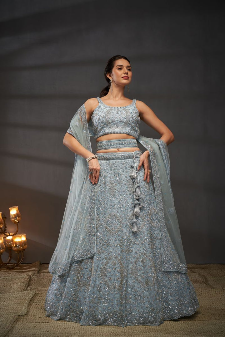 Grey Net Cutdana, Sequins and Zarkan embroidery Semi-Stitched Lehenga choli & Dupatta