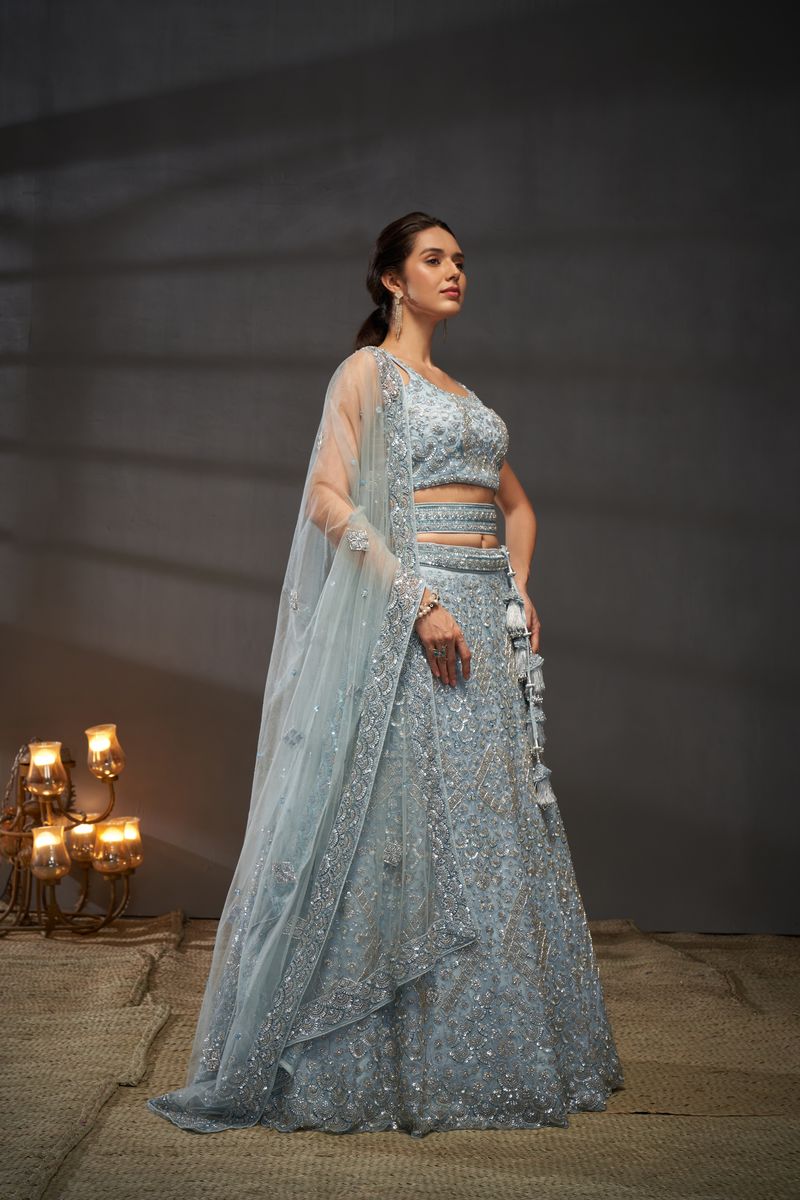 Grey Net Cutdana, Sequins and Zarkan embroidery Semi-Stitched Lehenga choli & Dupatta