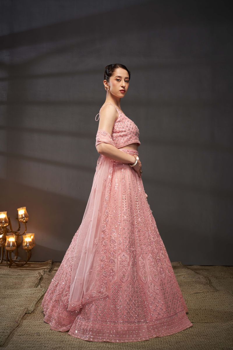 Pink Net Cutdana, Sequins and Zarkan embroidery Semi-Stitched Lehenga choli & Dupatta