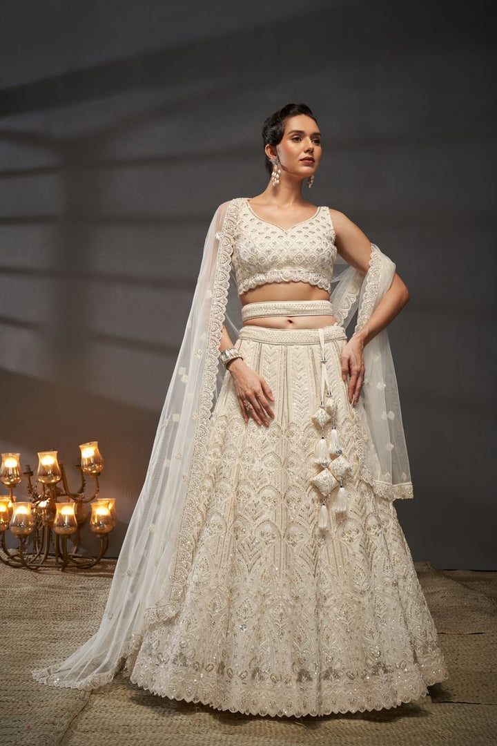 Cream Net Cutdana, Sequins and Zarkan embroidery Semi-Stitched Lehenga choli & Dupatta