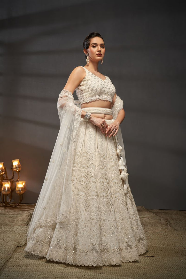 Cream Net Cutdana, Sequins and Zarkan embroidery Semi-Stitched Lehenga choli & Dupatta