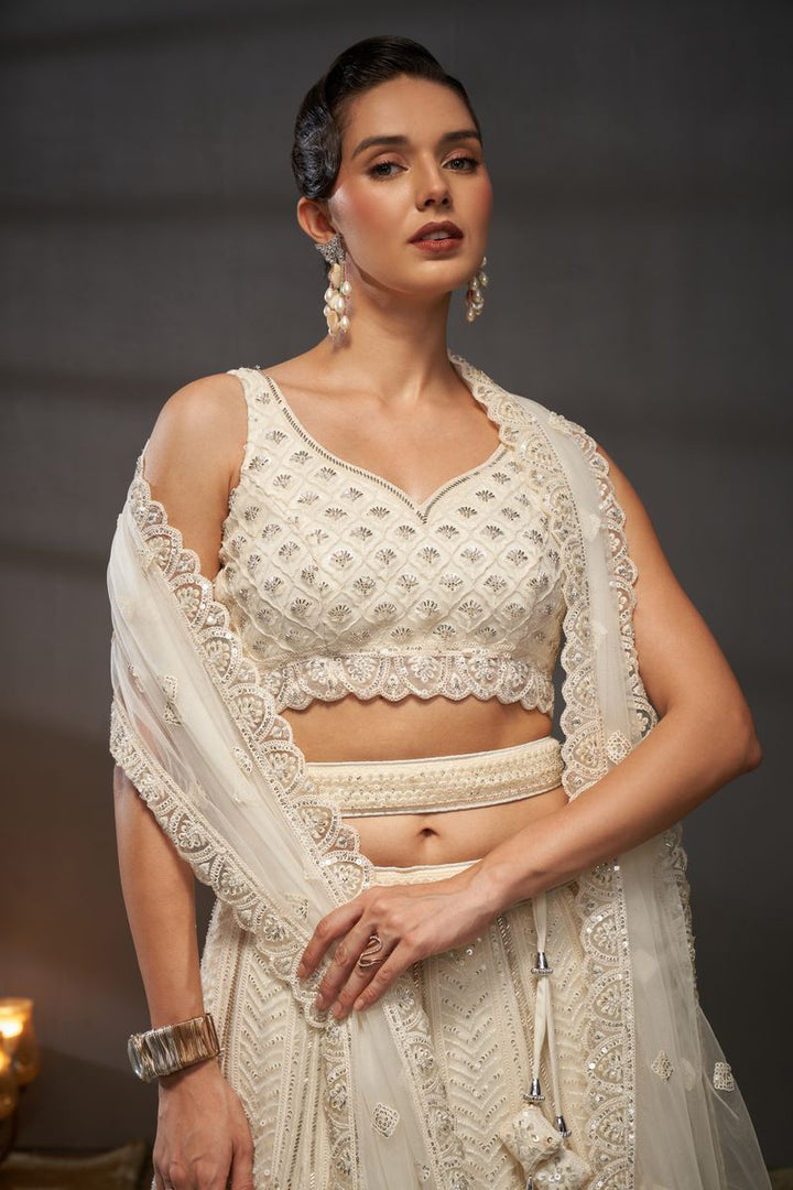 Cream Net Cutdana, Sequins and Zarkan embroidery Semi-Stitched Lehenga choli & Dupatta