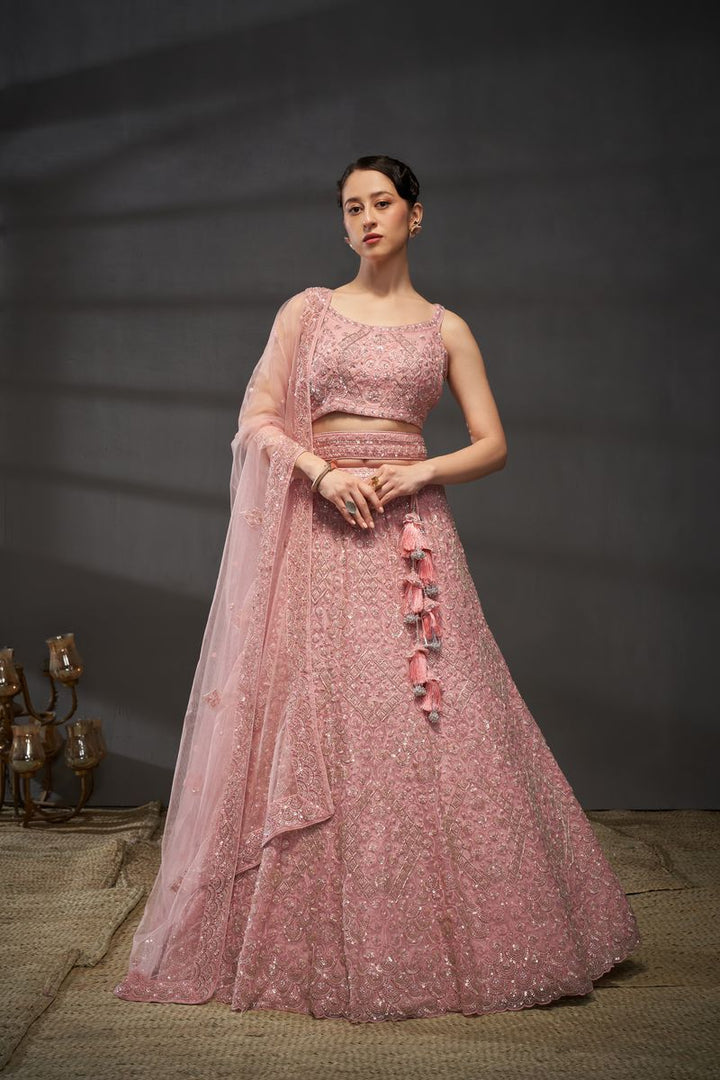 Pink Net Cutdana, Sequins and Zarkan embroidery Semi-Stitched Lehenga choli & Dupatta