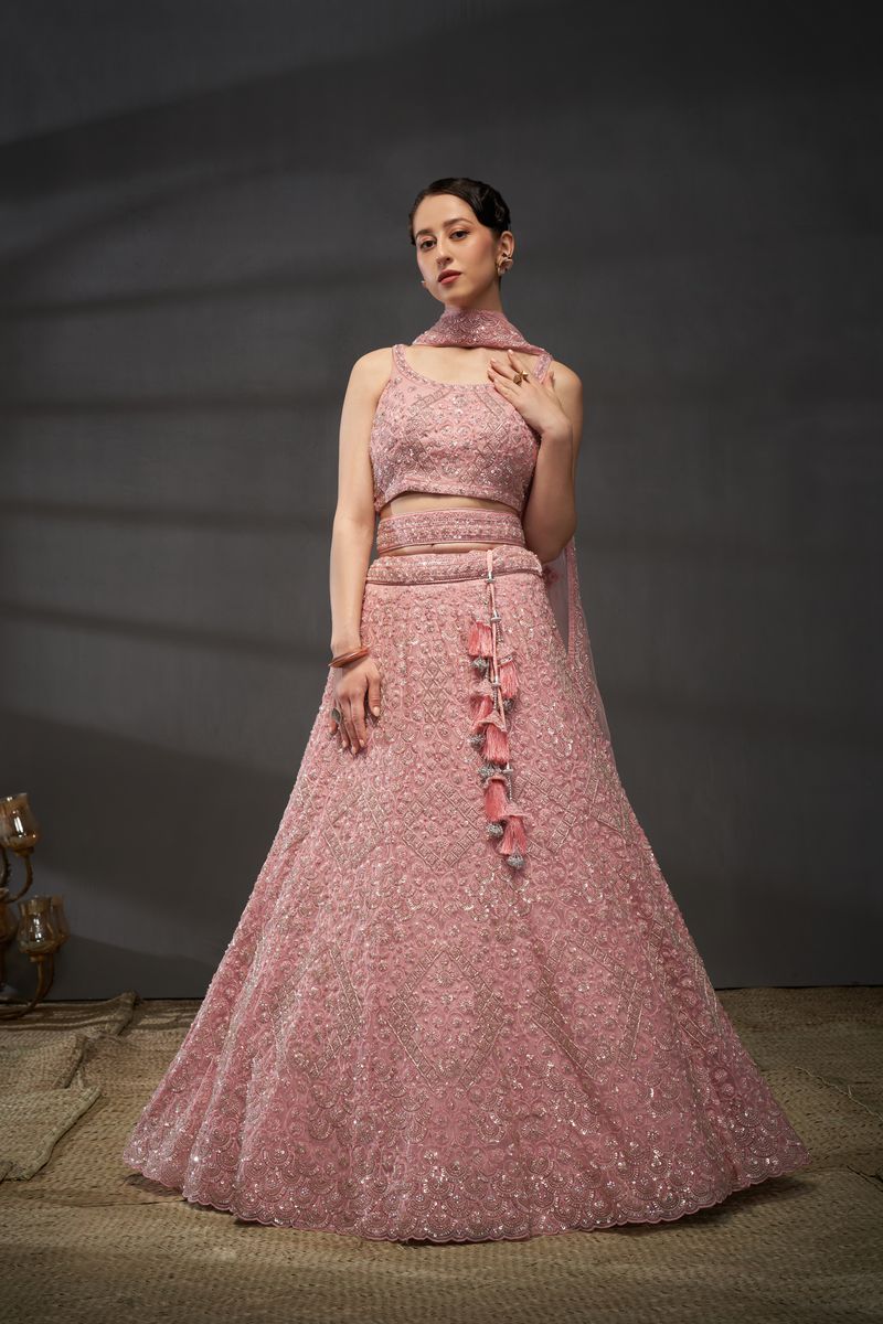 Pink Net Cutdana, Sequins and Zarkan embroidery Semi-Stitched Lehenga choli & Dupatta